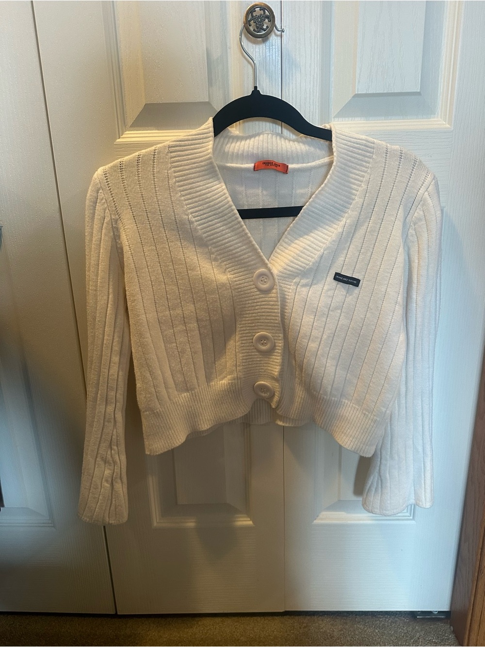 White Ribbed Cropped Button Cardigan Sweater